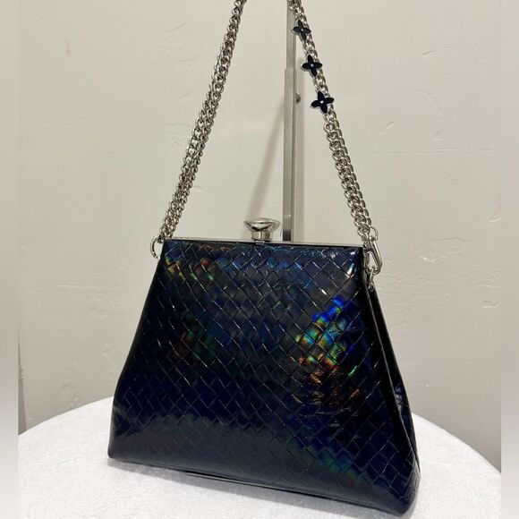 Unique Iridescent Embossed Leather Handmade Push Lock Boxy Bag, Multi Use Style - Picture 8 of 17